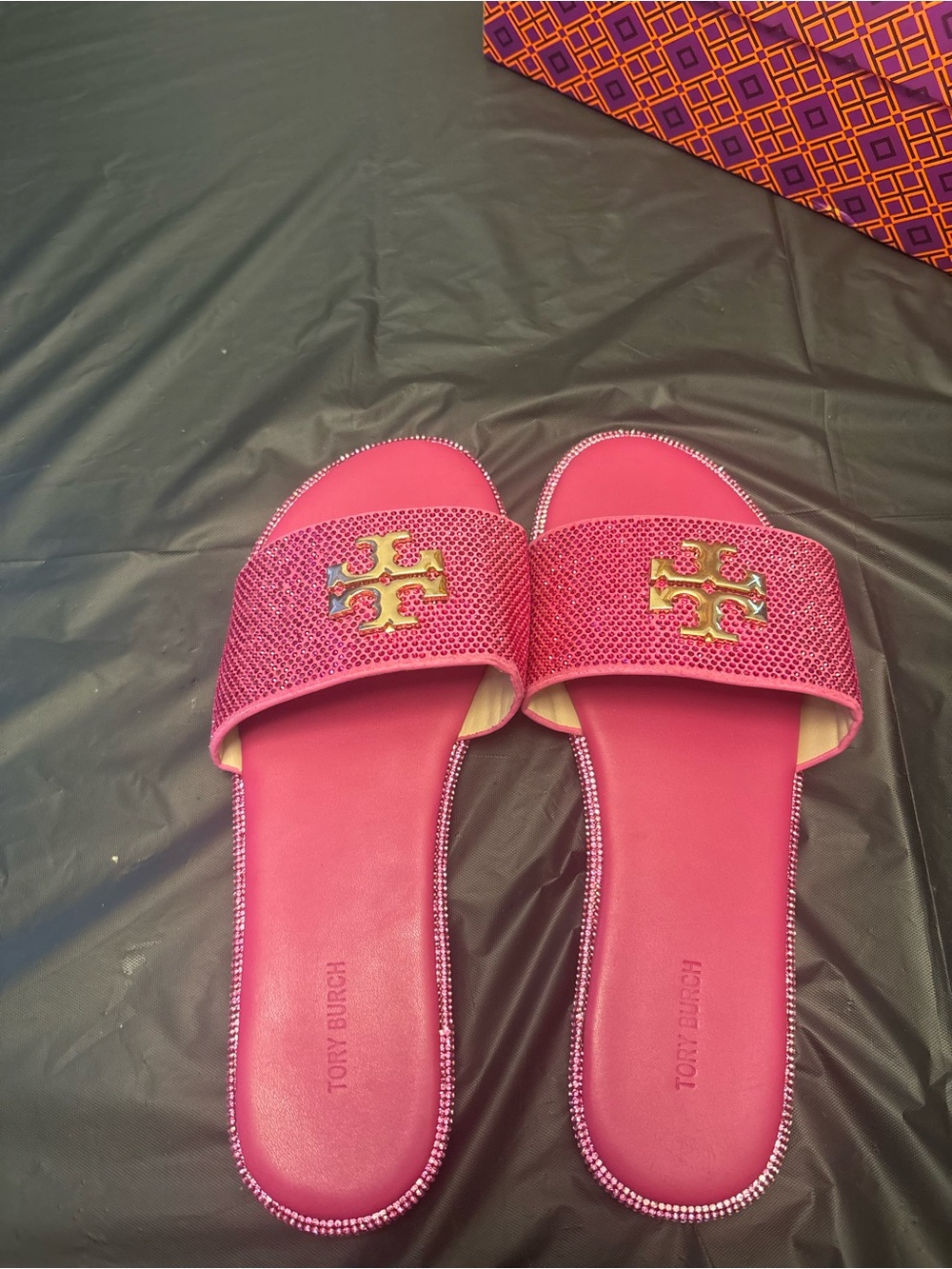 Tory Burch Hot Pink Slide Sandals with Gold Logo Hardware